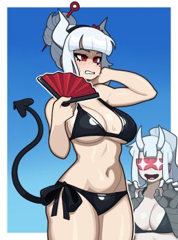 +_+ 2girls bikini black_bikini black_bra black_hairband blue_background blunt_bangs blush border bra breasts claw_pose clenched_teeth commentary cowboy_shot demon_girl demon_horns demon_tail drooling english_commentary fingernails gloves hair_bun hair_ornament hairband hairpin hand_fan helltaker highres holding holding_fan horns large_breasts loremaster_(helltaker) lucifer_(helltaker) makeup mascara medium_breasts medium_hair midriff mole mole_under_eye muds multiple_girls navel nose_blush open_mouth pale_skin partially_shaded_face ponytail red-tinted_eyewear red_eyes shiny_clothes sidelocks simple_background smile solo_focus sunglasses sweatdrop swimsuit tail teeth tinted_eyewear underwear upper_body white_border white_gloves white_hair