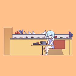 Rule 34 | 1girl, blue eyes, blue hair, cross (vgne4542), fish, food, highres, jelly hoshiumi, phase connect, short hair, simple background, sitting, sushi, virtual youtuber