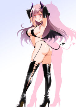 1girl alternate_costume aqua_eyes armpits arms_up ass back bare_back bare_shoulders black_panties blue_eyes bokutachi_wa_benkyou_ga_dekinai bondage_outfit boots braid braided_bangs breasts butt_crack choker cleavage commission demon_costume demon_girl demon_horns demon_tail demon_wings elbow_gloves engo_(aquawatery) full_body garter_straps gloves high_heel_boots high_heels horns kirisu_mafuyu large_breasts legs long_hair looking_at_viewer looking_back navel open_mouth panties pink_hair pixiv_commission sideboob simple_background smile solo stomach tail thigh_boots thighs underwear wings