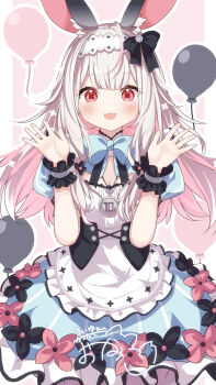 1girl :d animal_ear_fluff animal_ears apron balloon blue_bow blue_dress bow breasts commission daidai_ookami dress grey_hair hands_up highres long_hair looking_at_viewer medium_breasts open_mouth original outline pink_background puffy_short_sleeves puffy_sleeves short_sleeves signature skeb_commission smile solo very_long_hair white_apron white_outline wrist_cuffs