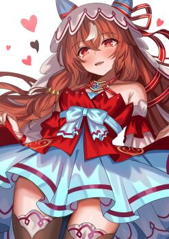 1girl absurdres ame_sagari animal_ears bare_shoulders black_thighhighs blue_skirt blush bow breasts brown_hair commentary_request detached_sleeves dress ear_covers ear_ribbon hair_between_eyes hair_ornament heart highres horse_ears horse_girl long_hair looking_at_viewer open_mouth red_dress red_eyes ribbon skirt small_breasts smile solo still_in_love_(scarlet_vow_raiment)_(umamusume) still_in_love_(umamusume) thighhighs umamusume veil white_streaks white_veil