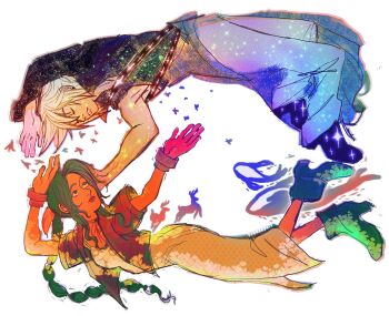 1boy 1girl aerith_gainsborough bangle black_boots black_sleeves black_vest blonde_hair boots bracelet braid braided_ponytail breasts bronzeyolk brown_hair chest_strap choker closed_eyes cloud_strife cropped_jacket dress final_fantasy final_fantasy_vii final_fantasy_vii:_advent_children floating full_body hair_between_eyes hair_ribbon highres jacket jewelry long_dress long_hair medium_breasts parted_bangs pink_dress pink_ribbon red_jacket ribbon ribbon_choker short_hair sidelocks single_bare_shoulder single_braid single_sleeve vest waist_cape white_background