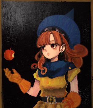 Rule 34 | 1girl, alena (dq4), apple, bitten apple, black background, blue hat, border, brown border, brown hair, closed mouth, curly hair, dragon quest, dragon quest iv, food, food bite, fruit, gloves, hat, long hair, okita (sukult 4), orange gloves, parted bangs, red eyes, solo, standing, tossing, upper body, witch hat