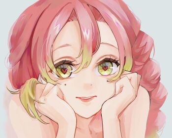 1girl asaki_illust green_eyes green_hair heart heart-shaped_pupils heart_in_eye highres kanroji_mitsuri kimetsu_no_yaiba lips long_hair mole mole_under_eye multicolored_hair nude pink_hair smile solo symbol-shaped_pupils symbol_in_eye