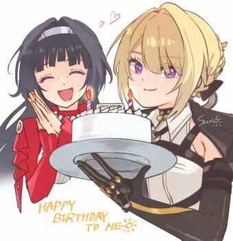 2girls artist_name astra_yao black_gloves black_hair blonde_hair blunt_bangs breasts cake closed_eyes evelyn_chevalier food gloves happy_birthday highres holding holding_cake holding_food looking_at_viewer multiple_girls purple_eyes smile sun_(knp_ta1y0) white_background zenless_zone_zero