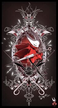 1girl absurdres arthropod_girl black_border bocaijingmiao border brown_background chinese_commentary cloak closed_eyes commentary_request fewer_digits film_grain highres holding holding_weapon hollow_knight horned_mask hornet_(hollow_knight) mask needle_(hollow_knight) no_mouth pin_(hollow_knight) red_cloak simple_background solo standing standing_on_one_leg triangle u_u weapon white_mask