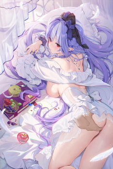1girl absurdres alternate_costume apple ass ass_focus black_nails book bow breasts breasts_out commentary donut dress fingernails food fork from_behind fruit grabbing_another's_ass grapefruit grope_from_behind groping hair_bow hair_spread_out highres houkisei large_breasts long_hair long_sleeves multicolored_hair nail_polish nervous nipples on_bed pillow pointy_ears purple_bow purple_hair pussy pussy_peek sidelocks solo streaked_hair thighs topless_female variant_set very_long_hair vivian_banshee white_dress zenless_zone_zero