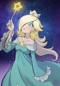 1girl aqua_dress bare_shoulders blonde_hair blue_eyes brooch collarbone crown dress earrings frilled_sleeves frills glowing hair_over_one_eye highres holding holding_wand jewelry long_hair long_sleeves mario_(series) mini_crown muis0802 nintendo off-shoulder_dress off_shoulder rosalina solo space star_(sky) star_(symbol) star_brooch star_earrings star_wand starry_sky_background super_mario_galaxy wand