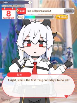 1girl ahoge armband artist_logo black_armband black_eyes black_gloves black_horns black_jacket black_pants black_tail blurry blurry_background chest_harness collared_shirt commentary curled_horns demon_tail earrings english_commentary english_text game_screenshot_background gloves hand_up harness highres horns jacket jacket_on_shoulders jewelry key_earrings logo long_hair multicolored_eyes necktie pants parted_lips red_eyes red_necktie screenshot_background shirt solo tail tenrino two-tone_eyes umamusume user_interface white_hair white_shirt wuthering_waves zani_(wuthering_waves)