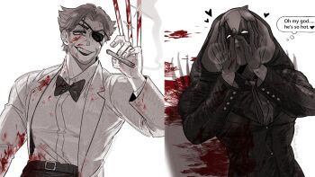 2boys beard blood blood_on_face blood_splatter bloody_weapon blush bow bowtie breath cigar claw_(weapon) deadpool deadpool_&amp;_wolverine deadpool_(series) english_text eyepatch facial_hair formal_clothes gloves hashtag-only_commentary heart highres holding holding_cigar hood hood_up jacket k4nc_wolverine long_sleeves male_focus marvel marvel mask multiple_boys muscular muscular_male pants patch_(wolverine) shirt short_hair smoke speech_bubble suit teeth twitter_username weapon wolverine_(x-men) x-men yaoi