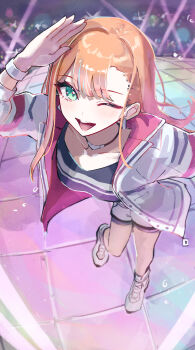 1girl ;d absurdres bare_legs gakuen_idolmaster green_eyes highres idolmaster jacket leaning_forward looking_at_viewer no_mole one_eye_closed open_mouth orange_hair salute sanshoku_dango_(shukosuko) shiun_sumika shoes shorts smile sneakers solo stage stage_lights two-sided_fabric two-sided_jacket white_jacket white_shoes white_shorts