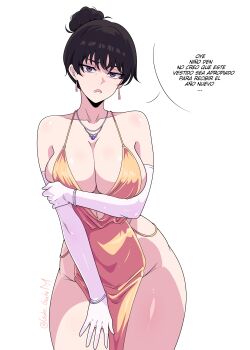 absurdres black_hair blue_eyes breasts cleavage curvy disdain dress earrings elbow_gloves gloves gratam hair_bun highres jewelry large_breasts looking_at_viewer lower_teeth_only mature_female mitaka_asa's_mother necklace open_mouth sabrosa solo spanish_text teeth wide_hips yellow_dress
