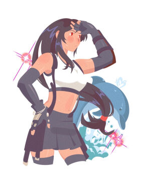 1girl ashlena_sharma bare_shoulders black_gloves black_hair black_skirt black_thighhighs blush breasts commentary cowboy_shot crop_top dolphin elbow_gloves final_fantasy final_fantasy_vii final_fantasy_vii_remake fingerless_gloves gloves hand_on_own_hip hand_up heart highres long_hair low-tied_long_hair medium_breasts midriff navel red_eyes skirt solo sparkle suspender_skirt suspenders sweat sweatdrop tank_top thighhighs tifa_lockhart untranslatable_commentary water white_tank_top zettai_ryouiki
