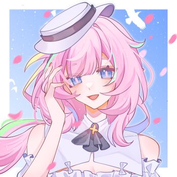 1girl bird blue_eyes blue_sky border breasts catlenxingxing chinese_commentary cleavage_cutout clothing_cutout commentary_request dove dress elf elysia_(honkai_impact) elysia_(miss_pink_elf)_(honkai_impact) elysia_(summer_miss_elf)_(honkai_impact) falling_petals hat highres honkai_(series) honkai_impact_3rd large_breasts long_hair looking_at_viewer official_alternate_costume open_mouth petals pink_hair pointy_ears sky smile solo tilted_headwear very_long_hair white_border white_dress white_hat