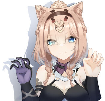 animal_ears bare_shoulders bikini black_bikini black_gloves blue_eyes breasts cat_ears cat_girl chinese_commentary commentary_request fang gloves green_eyes heterochromia highres honkai_(series) honkai_impact_3rd humugo looking_at_viewer medium_breasts pardofelis pardofelis_(reverist_calico) simple_background single_glove skin_fang smile swimsuit upper_body white_background