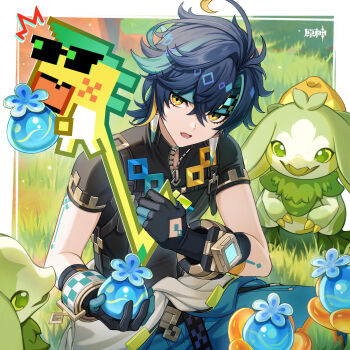 1boy ^^^ absurdres ajaw_(genshin_impact) arm_tattoo black_gloves black_shirt blue_hair blue_pants food fruit genshin_impact gloves grass hair_between_eyes headband highres holding holding_food holding_fruit kinich_(genshin_impact) looking_at_viewer official_art open_mouth pants shirt short_hair short_sleeves tattoo yellow_eyes yumkasaurus_(genshin_impact)