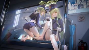 2girls :d :t aoi_(blue_archive) ass ayumu_(blue_archive) backpack bag bare_legs barefoot belt belt_buckle black_bag black_belt black_tail blue_archive blue_hat blue_jacket blue_shorts blue_skirt blush buckle buttoned_cuffs buttons chair chinese_commentary closed_mouth closed_umbrella commentary_request cropped_jacket demon_tail double-breasted fang feet feet_on_chair fire_extinguisher flashlight foot_out_of_frame from_behind full_body gloves green_hair green_halo halo hand_on_window hat high_collar highres hikari_(blue_archive) holding holding_legwear holding_unworn_clothes jacket kaya_(blue_archive) knee_up kneeling legs lens_flare loli long_hair long_sidelocks long_sleeves looking_at_viewer looking_back midriff miniskirt momoka_(blue_archive) multiple_girls nozomi_(blue_archive) on_chair open_mouth pantyhose peaked_cap pleated_skirt pocket pointy_ears presenting_foot rain rin_(blue_archive) short_shorts shorts siblings sidelocks sideways_glance sign sisters sitting skin_fang skirt smile soles split_mouth sumomo_(blue_archive) tablet_pc tail tail_around_own_leg tail_raised tail_under_clothes toes train_interior turning_head twins twintails umbrella unworn_pantyhose very_long_hair wet white_gloves white_pantyhose window yellow_eyes zhenli-mari