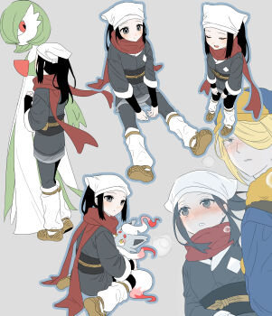 1boy 1girl absurdres akari_(pokemon) bamto black_shirt blonde_hair brown_shoes closed_mouth commentary_request gardevoir gen_3_pokemon grey_background grey_eyes grey_jacket grey_skirt hair_over_one_eye hat headscarf highres hisuian_zorua jacket korean_commentary multiple_views nintendo outline pantyhose pokemon pokemon_(creature) pokemon_legends:_arceus red_scarf scarf shirt shoes sidelocks simple_background sitting skirt socks standing volo_(pokemon) white_socks