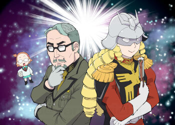 Rule 34 | 1boy, 2girls, akuyaku reijou tensei ojisan, amate yuzuriha, amate yuzuriha (cosplay), black-framed eyewear, blonde hair, challia bull, challia bull (cosplay), char aznable, char aznable (cosplay), character request, chibi, comb over, cosplay, drill hair, facial hair, folding fan, gloves, grace auvergne, grey hair, gundam, gundam gquuuuuux, hand fan, haro, highres, long sleeves, mask, mobile suit gundam, multiple girls, mustache, necktie, short hair, smile, stroking beard, tondabayashi hinako, tondabayashi kenzaburou, ueyama michirou, upper body, voice actor connection, white gloves, yellow necktie