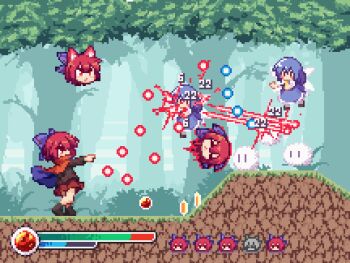 Rule 34 | 3girls, 3others, animal ears, aura, black shirt, blue bow, blue dress, blue hair, bow, cape, cat ears, cloak, damage numbers, danmaku, disembodied head, dress, fairy, fairy wings, fake screenshot, hair bow, health bar, isu (is88), kedama (touhou), long sleeves, miniskirt, multiple girls, multiple heads, multiple others, pixel art, pointing, red cloak, red eyes, red hair, red skirt, sekibanki, shirt, short hair, skirt, touhou, wings