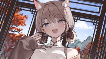 1girl :3 absurdres animal_ears bare_shoulders blue_eyes breasts brown_hair brown_jacket cat_ears chinese_clothes commentary_request double_bun extra_ears fang hair_bun hand_up highres indie_virtual_youtuber jacket korean_commentary long_hair looking_at_viewer medium_breasts off_shoulder open_mouth seorang seorang_(vtuber) sleeveless smile solo upper_body virtual_youtuber