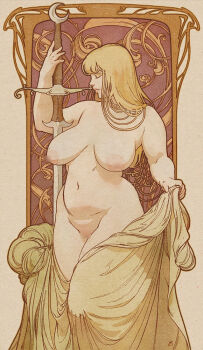 1girl art_nouveau breasts censored closed_eyes curvy large_breasts long_hair navel nipples nude original profile sagging_breasts simple_background solo sword the_insaneum thick_thighs thighs weapon wide_hips