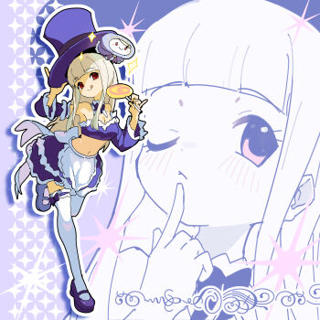 absurdres apron blush candy capcom_fighting_jam food hat highres ingrid_(capcom) licking_lips lollipop looking_at_viewer midnight_bliss miniskirt monoid_(street_fighter) official_alternate_costume official_alternate_hairstyle one_eye_closed purple_hat red_eyes sach56000 skirt street_fighter street_fighter_6 swirl_lollipop thighhighs tongue tongue_out top_hat white_hair zoom_layer