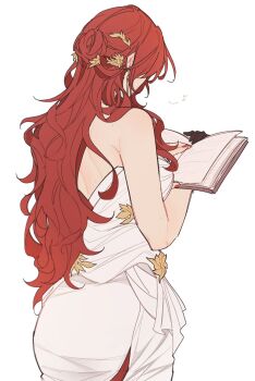 1girl bare_shoulders black_gloves book dress earrings floral_print from_behind gloves hair_ornament highres himeko_(honkai:_star_rail) holding holding_book honkai:_star_rail honkai_(series) jewelry long_hair musical_note reading red_hair red_nails riejiu single_earring sleeveless very_long_hair white_background white_dress