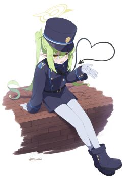 1girl :d absurdres arm_at_side black_boots black_hat black_jacket black_shorts blue_archive boots buttons commentary demon_girl demon_tail double-breasted dutch_angle earrings eyes_visible_through_hair fang from_above full_body gloves green_hair hair_between_eyes halo hand_up hat heart heart_tail highres jacket jewelry long_hair long_sleeves looking_at_viewer minowa_sukyaru nozomi_(blue_archive) open_hand open_mouth pantyhose peaked_cap pointy_ears shorts sidelocks sitting skin_fang smile solo symbol-only_commentary tail tail_raised twintails twitter_username upturned_eyes very_long_hair white_gloves white_pantyhose yellow_eyes yellow_halo