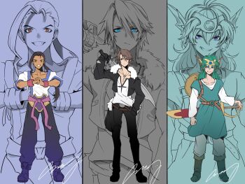 Rule 34 | 3boys, aqua tunic, baggy pants, bangle, belt, black gloves, black hair, black jacket, black pantyhose, black shoes, blue eyes, blue gem, boots, bracelet, brown belt, brown eyes, brown hair, closed mouth, commentary request, cracking knuckles, crazy02oekaki, cropped jacket, dragon quest, dragon quest iv, earrings, fei fong wong, final fantasy, final fantasy viii, forehead protector, full body, fur-trimmed jacket, fur trim, gem, gloves, gradient pants, green background, green hair, grey background, grey boots, grey pants, grin, gunblade, hair between eyes, hand on own hip, hero (dq4), highres, holding, holding sword, holding weapon, jacket, jewelry, light frown, long hair, male focus, multiple belts, multiple boys, necklace, over shoulder, own hands together, pants, pantyhose, parted bangs, pink belt, purple background, purple boots, purple eyes, scar, scar on face, scar on forehead, shield, shield on back, shirt, shoes, short hair, signature, silver necklace, single earring, slime (dragon quest), smile, squall leonhart, standing, sword, sword on back, teeth, tunic, upper body, weapon, weapon on back, weapon over shoulder, white shirt, winged headwear, xenogears