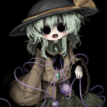 1girl black_background black_eyes black_hat green_hair green_skirt hat hat_ribbon heripantomorrow komeiji_koishi long_sleeves looking_at_viewer medium_hair open_mouth ribbon shirt skirt solo touhou upper_body wide_sleeves yellow_ribbon yellow_shirt