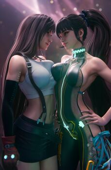 2girls 3d bare_shoulders black_hair black_skirt bodysuit breast_press breasts brown_eyes crop_top earrings elbow_gloves eve_(stellar_blade) final_fantasy final_fantasy_vii gloves hand_on_own_hip highres impossible_clothes jewelry large_breasts long_hair looking_at_another low-tied_long_hair midriff multiple_girls ponytail prototype_planet_diving_suit_(stellar_blade) red_eyes shift_up sideboob sideless_outfit skin_tight skirt square_enix sreliata stellar_blade suspenders tank_top tifa_lockhart very_long_hair