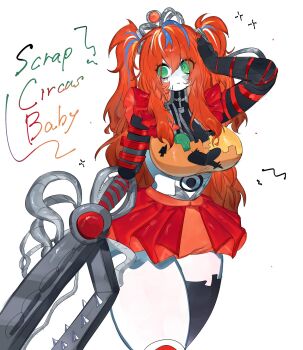 1girl blonde_hair blue_hair breasts circus_baby_(fnaf) claws destroyed five_nights_at_freddy's freddy_fazbear's_pizzeria_simulator frilled_skirt frills green_eyes hand_on_own_head highres large_breasts looking_at_viewer messy_hair metal midriff multicolored_hair orange_hair red_skirt robot robot_girl scrap_baby skirt streaked_hair thick_thighs thighs togetoge white_hair wide_hips wire