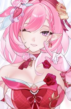 Rule 34 | 1girl, ;), absurdres, beret, breasts, bubuchi, cleavage, commentary, diamond-shaped pupils, diamond (shape), earrings, elf, elysia (hi love elf) (honkai impact), elysia (honkai impact), gloves, hat, heart, heart earrings, highres, honkai (series), honkai impact 3rd, jewelry, large breasts, long hair, looking at viewer, multicolored hair, one eye closed, pink hair, pointy ears, purple eyes, simple background, smile, solo, symbol-shaped pupils, two-tone hair, upper body, very long hair, white background, white hair