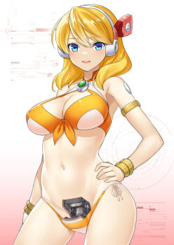 1girl alia_(mega_man) android armlet bikini blonde_hair blue_eyes body_(bacoborn) bracelet breasts chest_jewel cleavage clenched_teeth commentary cowboy_shot english_commentary gradient_background hair_between_eyes hands_on_own_hips headgear jewelry joints large_breasts long_hair looking_at_viewer medium_hair mega_man_(series) mega_man_x_(series) mega_man_x_dive multicolored_bikini navel navigator official_alternate_costume open_mouth orange_bikini robot_ears robot_joints sky smile solo summer swimsuit swimsuit_alia_(mega_man) teeth two-tone_bikini upper_body