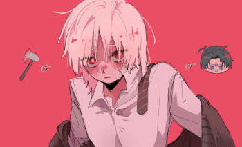 Rule 34 | 2boys, akinashi haru, axe, blood, blood on axe, blush, brown cardigan, cardigan, chibi, chibi inset, clothes down, collared shirt, commentary request, dress shirt, embarrassed, multiple boys, naigashir0, necktie over shoulder, open collar, pink background, red eyes, saihate eki, shirt, simple background, solo focus, sweat, tatsunami shion, undressing, upper body, white hair, white shirt