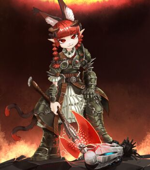1boy 1girl animal_ears armor armored_boots armored_dress axe bad_end bigcat_114514 boots braid cat_ears cat_tail cosplay crossover doom_(series) doom_eternal dress energy_axe extra_ears fang fire gauntlets hair_ribbon hell highres kaenbyou_rin looking_at_viewer marauder_(doom_eternal) marauder_(doom_eternal)_(cosplay) multiple_tails pointy_ears red_eyes red_hair ribbon robot samuel_hayden severed_head smirk solo_focus standing stepped_on tail touhou twin_braids twitter_username