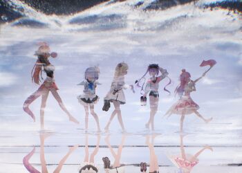 5girls absurdres amane_kanata amane_kanata_(1st_costume) angel angel_wings arms_behind_head arms_up barefoot black_vest cropped_jacket demon_girl demon_tail dragon_girl dragon_horns dragon_tail dress flag grey_hair halo highres himemori_luna himemori_luna_(1st_costume) holding holding_flag holding_shoes holding_unworn_clothes holoforce hololive horns jacket kiryu_coco kiryu_coco_(1st_costume) long_hair maymea multiple_girls orange_hair pink_dress pink_hair red_skirt reflection sheep_girl sheep_horns shirt shoes skirt star_halo tail tokoyami_towa tokoyami_towa_(1st_costume) tsunomaki_watame tsunomaki_watame_(1st_costume) twintails unworn_shoes vest virtual_youtuber white_dress white_jacket white_shirt wings