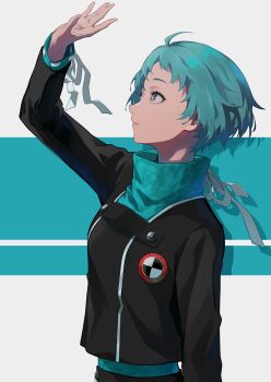 Rule 34 | 1girl, absurdres, aqua hair, aqua sweater, arm up, black jacket, commentary, eyelashes, from side, gekkoukan high school uniform, highres, jacket, long sleeves, looking up, open hand, parted lips, persona, persona 3, persona 3 reload, profile, school uniform, short hair, solo, sweater, turtleneck, turtleneck sweater, upper body, yamagishi fuuka, yoiyoivesper
