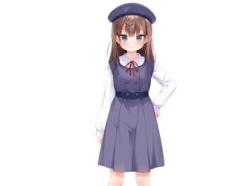 1girl aiyoku_shimai_lolita blue_dress blue_hat blush brown_hair buttons chiaki_(aiyoku_shimai_lolita) closed_mouth collared_shirt cowboy_shot double-breasted dress game_cg green_eyes hair_ornament hand_on_own_hip hat large_variant_set long_hair long_sleeves looking_at_viewer neck_ribbon non-web_source pinafore_dress piyodera_mucha red_ribbon ribbon shirt simple_background sleeveless sleeveless_dress smile solo tachi-e transparent_background variant_set white_shirt x_hair_ornament