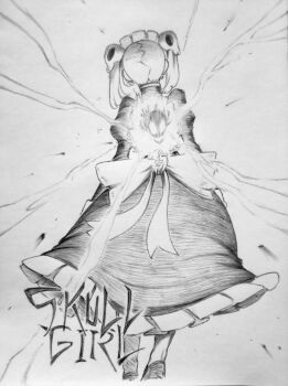 Rule 34 | 1girl, bloody marie (skullgirls), chronozbergh, commentary, copyright name, dress, english commentary, frilled dress, frills, from behind, graphite (medium), greyscale, highres, monochrome, simple background, skull, skullgirls, solo, standing, traditional media, twintails, white background