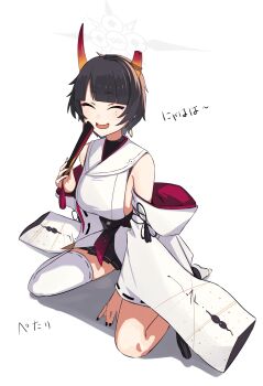 Rule 34 | 1girl, absurdres, black hair, blue archive, breasts, broken horn, closed eyes, detached sleeves, earrings, folded fan, folding fan, gradient horns, halo, hand fan, highres, holding, holding fan, hoop earrings, horns, japanese clothes, jewelry, kimono, kyurosuku, large breasts, mole, mole under eye, multicolored horns, niya (blue archive), open mouth, orange horns, short hair, sideboob, sideless kimono, single thighhigh, sleeveless, sleeveless kimono, smile, thighhighs, white halo, white kimono, white thighhighs, wide sleeves