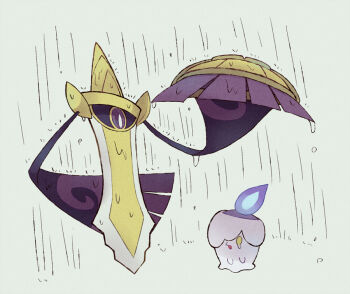 aegislash arm_behind_back blue_fire commentary_request fire full_body gen_5_pokemon gen_6_pokemon holding holding_shield litwick nintendo no_humans one-eyed one_eye_covered open_mouth pokemon pokemon_(creature) pokemon_focus rain shield shielding_another_from_rain shiwo_(siwosi) single_tear wet