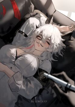 Rule 34 | 1boy, 1girl, absurdres, arm up, armband, artist name, black armband, black bra, black horns, bra, bra peek, breasts, closed eyes, couch, curled horns, drawing on another's face, drooling, hair between eyes, highres, holding, holding marker, horns, large breasts, lewdlily66, long hair, lying, male rover (wuthering waves), marker, multicolored hair, necktie, on back, on couch, open mouth, pov, pov hands, red necktie, rover (wuthering waves), shirt, sleeping, solo focus, streaked hair, underwear, unworn necktie, white hair, white shirt, wuthering waves, zani (wuthering waves)