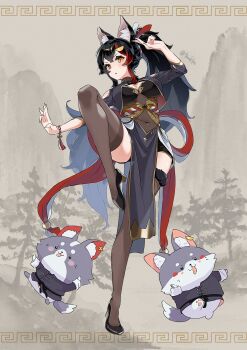 1girl :o alternate_costume animal animal_ears artist_name black_hair blush breasts brown_background chinese_clothes fighting_stance fingernails full_body high_heels highres hololive kouhaku_nawa large_breasts long_hair navel_visible_through_clothes ookami_mio orange_eyes pantyhose paper_texture ponytail rope see-through_clothes sharp_fingernails shimenawa shorts standing standing_on_one_leg thighhighs torokko v virtual_youtuber zettai_ryouiki