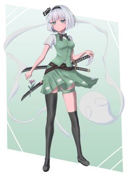 1girl absurdres asymmetrical_legwear belt black_bow black_bowtie black_hairband black_shoes black_socks black_thighhighs bow bow_hairband bowtie commentary_request expressionless flower full_body green_belt green_eyes green_skirt green_vest hairband highres hitodama hitodama_print jitome katana kneehighs konpaku_youmu konpaku_youmu_(ghost) looking_at_viewer makky_egokoro mary_janes print_skirt sheath sheathed shirt shoes short_hair single_sock single_thighhigh skirt socks solo standing sword thigh_belt thigh_strap thighhighs touhou vest weapon white_hair white_shirt