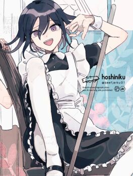 1boy alternate_costume apron artist_name black_dress black_hair broom buttons commentary_request crossdressing crossdressing_(mtf) danganronpa_(series) danganronpa_v3:_killing_harmony dress ear_picking enmaided flipped_hair frilled_apron frilled_dress frills hair_between_eyes knee_up looking_at_viewer maid maid_apron maid_headdress male_focus male_maid oma_kokichi open_mouth puffy_short_sleeves puffy_sleeves purple_eyes purple_hair ringed_eyes sanichi short_hair short_sleeves sitting solo thighhighs twitter_username watermark white_apron white_thighhighs wrist_cuffs