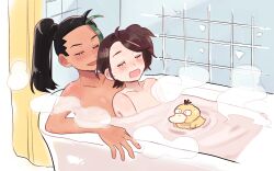 Rule 34 | 2girls, :d, bathing, bathtub, black hair, blush, brown hair, closed eyes, collarbone, commentary request, creatures (company), curtains, eyelashes, freckles, game freak, green hair, indoors, juliana (pokemon), multicolored hair, multiple girls, nemona (pokemon), nintendo, nude, open mouth, penguinbu, pokemon, pokemon sv, ponytail, rubber duck, smile, steam, tile wall, tiles, two-tone hair, water, yuri