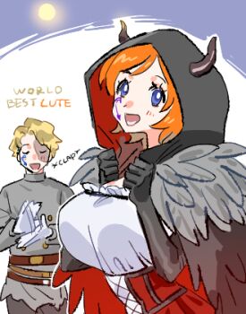 1boy 1girl belt black_gloves black_hood blonde_hair blue_eyes blush breasts clapping closed_eyes commentary demon_horns facing_another feather_cape full_moon gloves grey_shirt halloween halloween_costume horns koala_(one_piece) large_breasts looking_at_viewer lowres moon one_piece open_mouth orange_hair raine_(acke2445) sabo_(one_piece) shirt short_hair symbol-only_commentary upper_body white_shirt