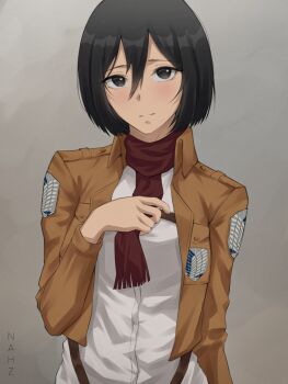 1girl adjusting_scarf artist_name belt black_eyes black_hair blush breasts brown_jacket closed_mouth coat commentary emblem english_commentary grey_background hair_between_eyes highres jacket long_sleeves looking_at_viewer medium_breasts medium_hair mikasa_ackerman nahz paradis_military_uniform scarf shingeki_no_kyojin shirt short_hair signature simple_background smile solo three-dimensional_maneuver_gear white_shirt
